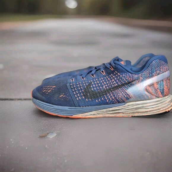 Nike Lunarglide 7 Flyknit Running Trainers Mens Size 8 Blue Lagoon Hyper Orange - Picture 1 of 8